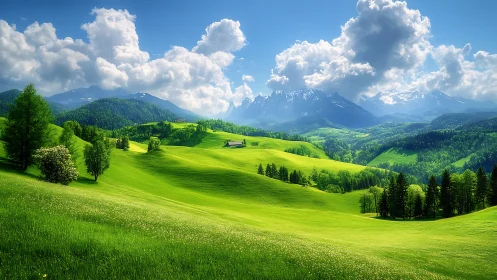 High‑saturation alpine valley with rolling meadows and peaks