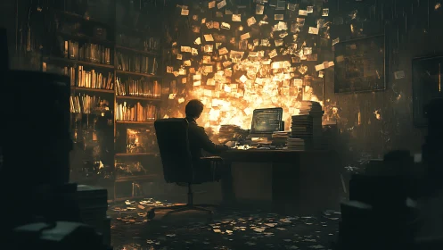 Scholar's Sanctuary Illuminated by Golden Data Streams.