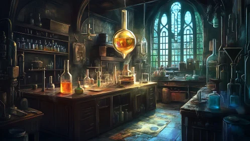 Moody alchemist laboratory under stained glass windows.
