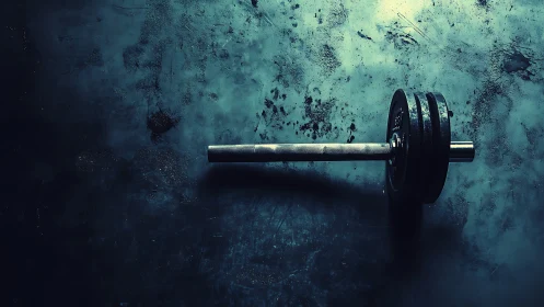 Steel barbell lies horizontally on worn textured floor