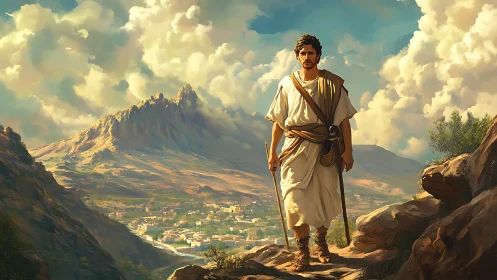 Wanderer in white strides above a sunlit desert city.