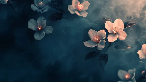 Glowing Petals in Deep Blue Mist.