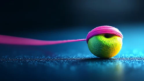 Macro study of neon textured sphere wrapped in pink thread.