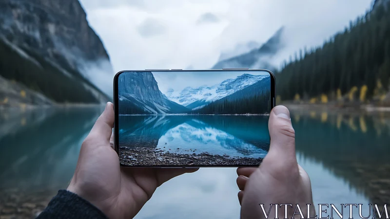 Smartphone frames alpine lake reflection within misty valley