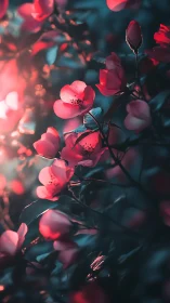 Red Flowering Branches with Bokeh Lighting Effects