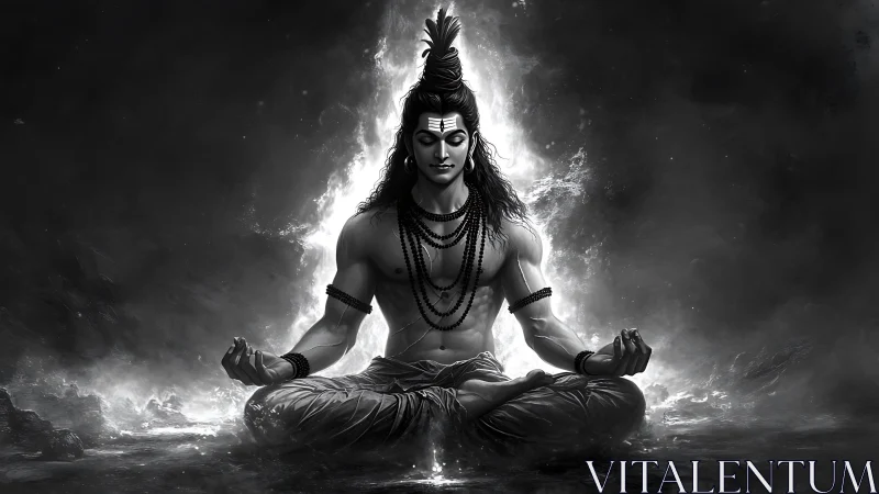Monochrome meditative deity render with radial light aura design.