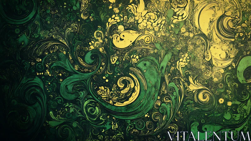 Emerald gold marbled swirls form intricate fluid tapestry.