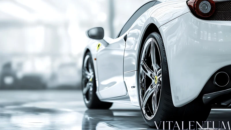 Rear three-quarter view shows white sports car in studio