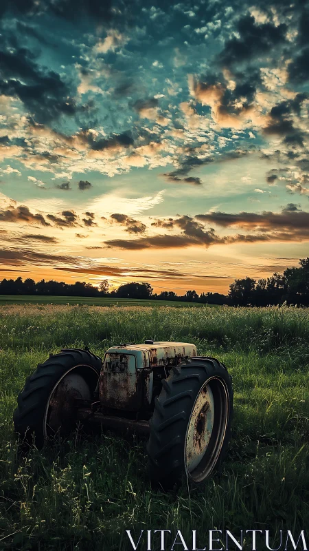 Rustic tractor under expansive sunset sky, photorealistic framing.