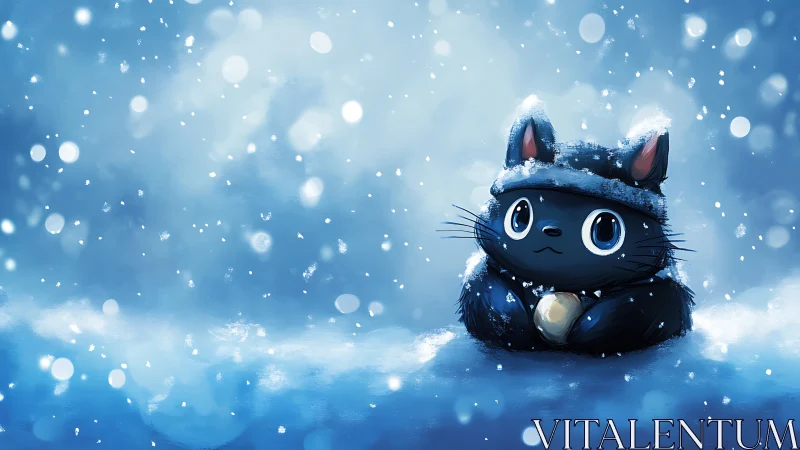 Snow-covered black cat character rendered in soft blue bokeh snowfall