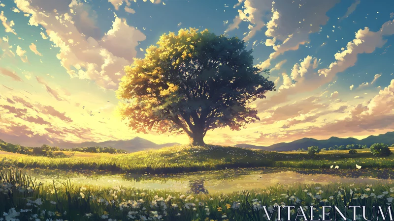 Solitary deciduous tree on luminous dusk meadowscape horizon.