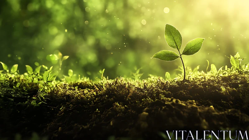 Young Plant Sprouting in Sunlit Forest, Nature Macro Photography.
