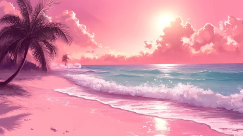 Pink tropical shoreline under radiant pastel sunset glow.