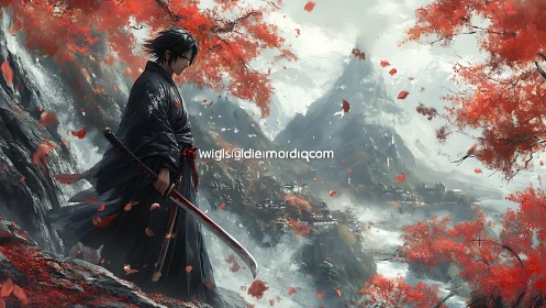 Samurai on crimson cliff in misty mountain valley panorama.