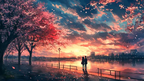 Silhouetted couple stands by riverside under sunset sky