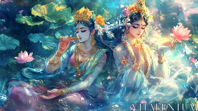 Digital painting of divine lotus maidens in ethereal palette.