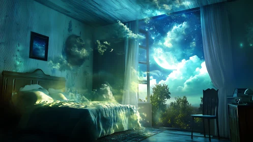 Bedroom interior merges with luminous nocturnal sky scene