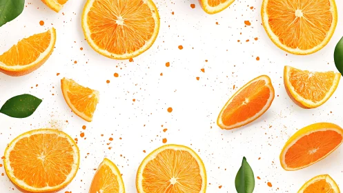 Orange slices scatter around clean white background space
