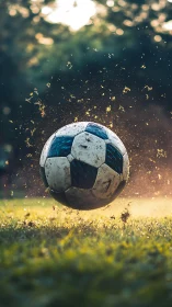 Photorealistic soccer ball in motion with shallow depth of field.