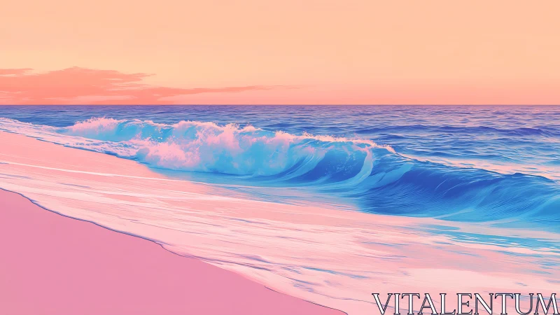 Digital seascape with pastel shoreline and breaking wave.