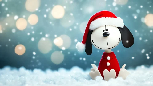 Cartoon puppy in Santa hat on snowy Christmas background.