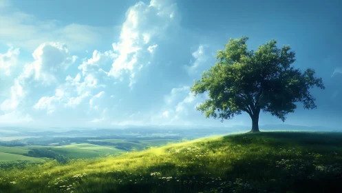 Lone green tree on sunlit hill under dramatic sky.