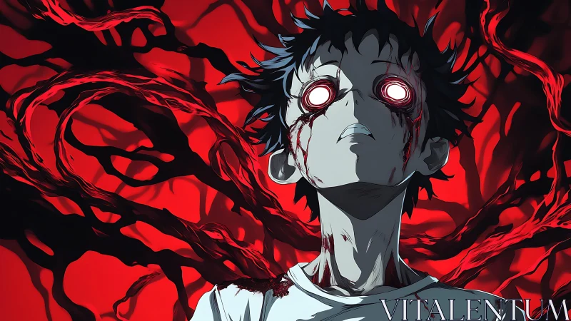 Possessed anime boy with glowing eyes and dynamic arterial tendrils