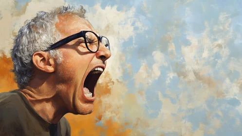 Older man shouting against abstract sky background.