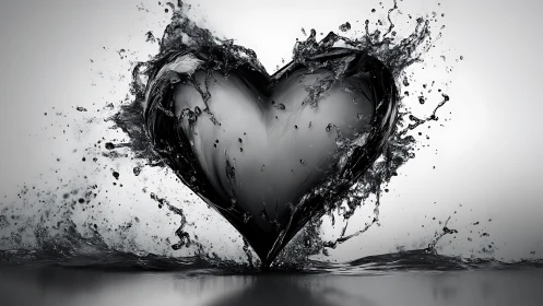 Water splash forming heart shape, monochromatic composition.