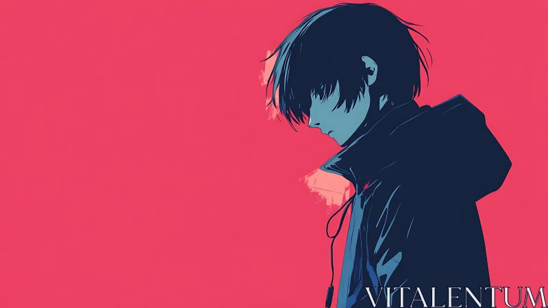 Melancholic side-profile anime figure on neon pink field