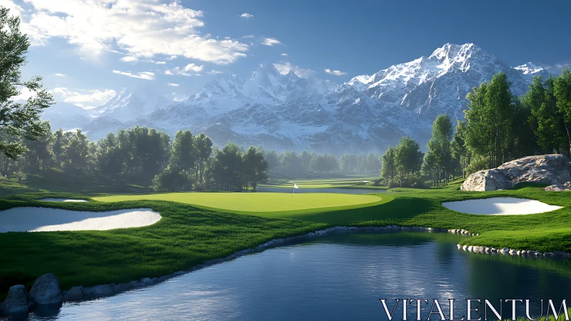 Mountain golf green beside reflective water under clear sky.