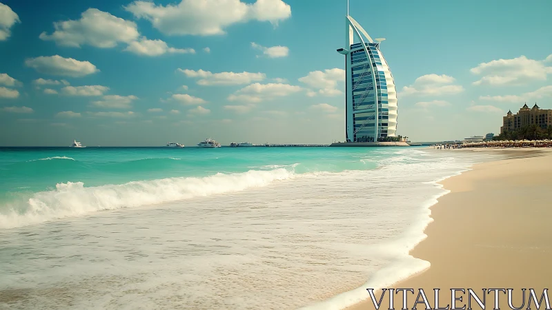 Sail-shaped Dubai hotel tower on turquoise Gulf shoreline at midday