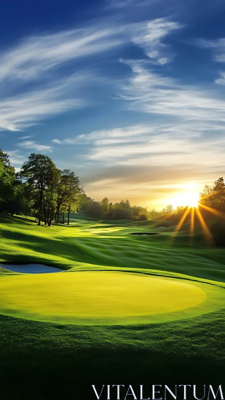 Sunlit golf green displays defined contours and long shadows