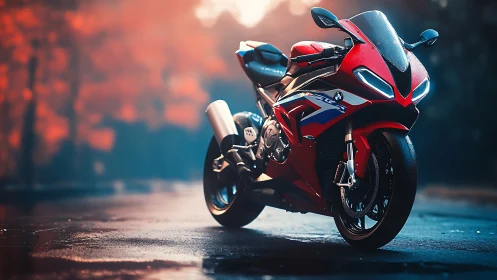 Red sport motorcycle on wet asphalt with blurred foliage.