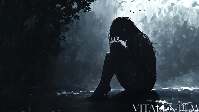 Solitary silhouette in rainlit darkness, quiet sorrow study.