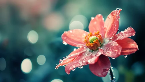 Pink Flower with Raindrops in Soft Focus Garden