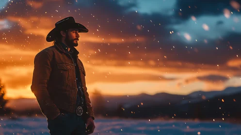 Cowboy standing in snowy field at vivid sunset glow.