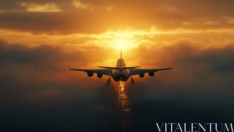 Passenger jet on runway aligned with low sun through clouds.