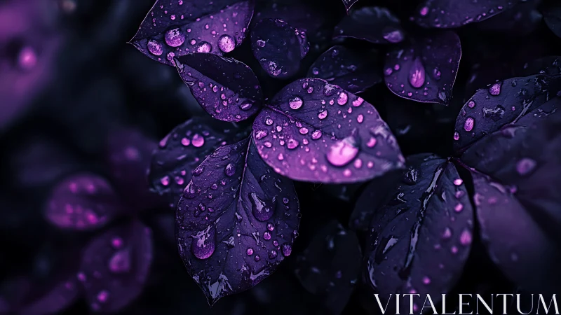 Midnight violet leaves glittering under rain&rsquo;s quiet spell.