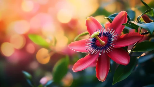 Vivid passion flower macro against glowing bokeh sunset.