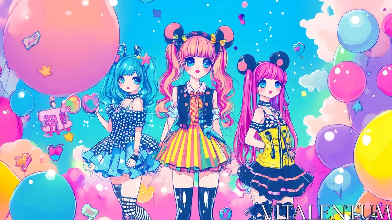 Three stylized girls amid balloons in saturated colors.