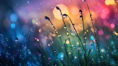 Macro dew-covered grass against prismatic bokeh light field