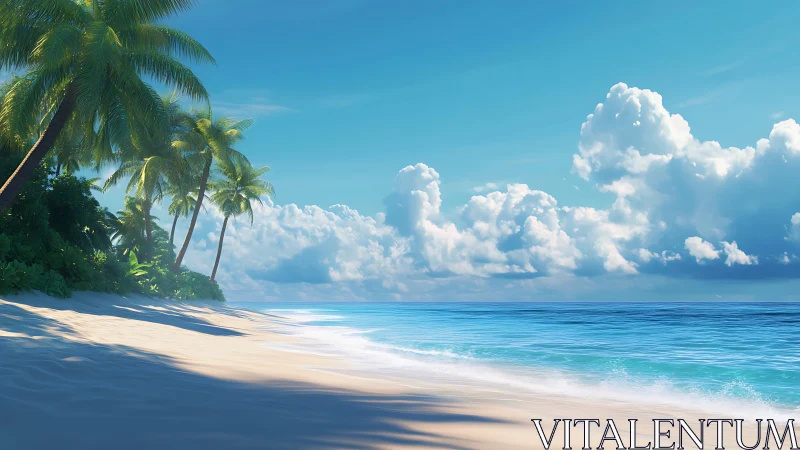 Tropical beach scene with palm trees, white sand, and cumulus cloud formations.