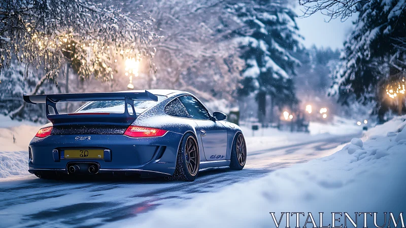 Blue sports coupe accelerates through cinematic snowy roadway
