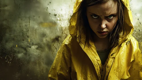 Intense child portrait in yellow raincoat with cinematic lighting and rain