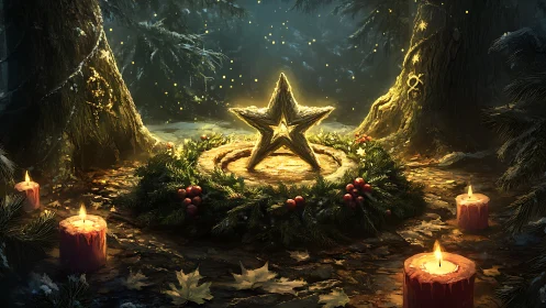 Winter forest altar with glowing star and wreath circle.