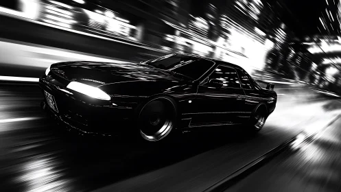 Monochrome sports coupe moves through blurred urban roadway