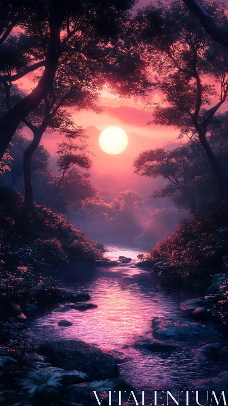 Crimson sunset river flowing through luminous forest valley.