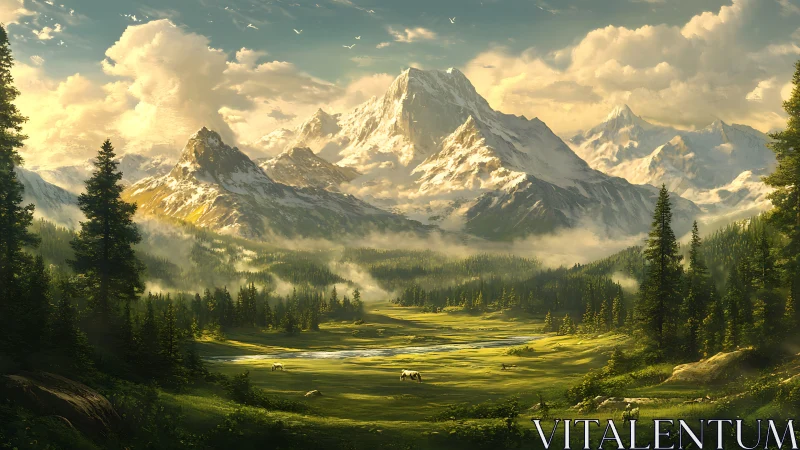 Mountain valley shows sunlit meadows below snowy peaks