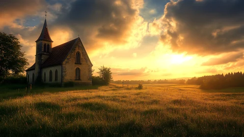 Rural stone church in golden sunset over open meadow.